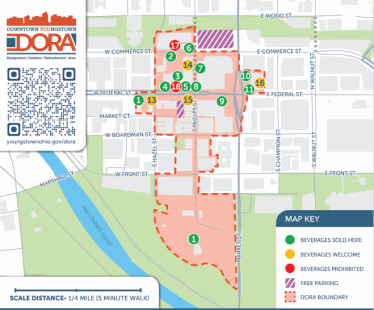 Map of Downtown Youngstown with DORA boundaries outlined.
