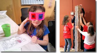 photo of girl wearing 3-D glasses; photo of children stacking wooden blocks to great height.