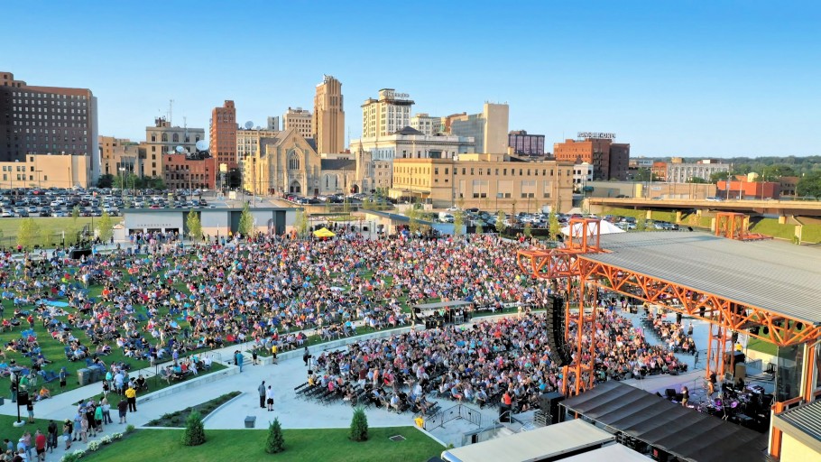 Crowded event at Youngstown Foundation Amphitheatre in Wean Park, looking north, with Downtown skyline in background.