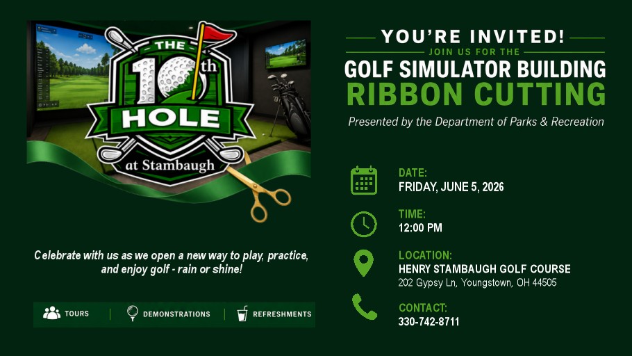 The 10th Hole at Stambaugh logo, superimposed over an image of the golf simulator tee area, along with event information (repeated in text below).