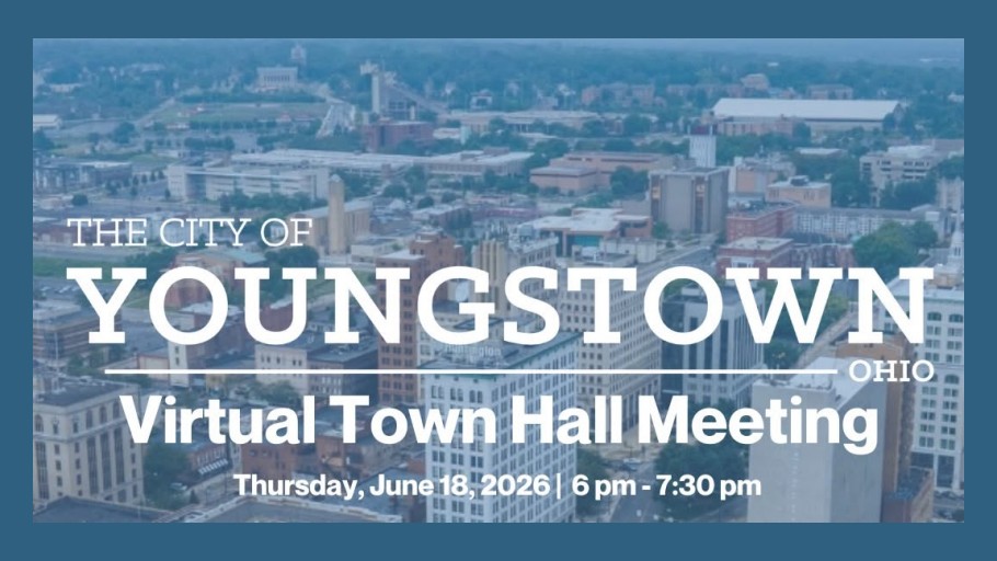Event title text superimposed over drone image of Downtown Youngstown.