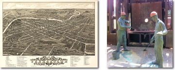 1882 Youngstown Map & Industrial Sculpture of Steelworkers and Open Hearth Furnace