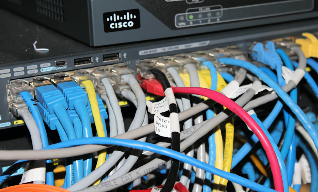 Closeup image of network switch with network cables attached.