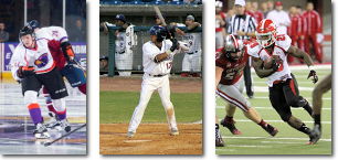 Images of Phantoms hockey, Scrappers baseball, and Penguins football players